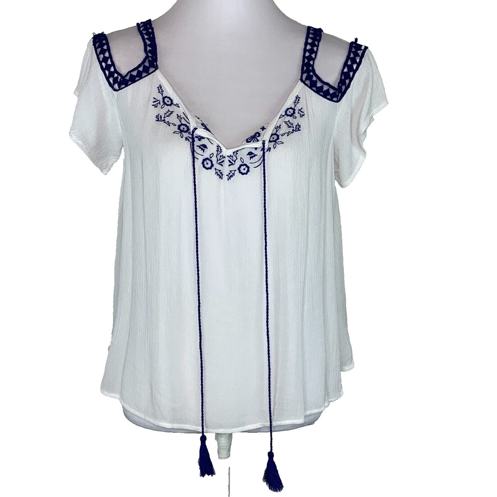 Love Fire Womens Size M Top Blouse Open Shoulders Cutout Embroidered Relax Style